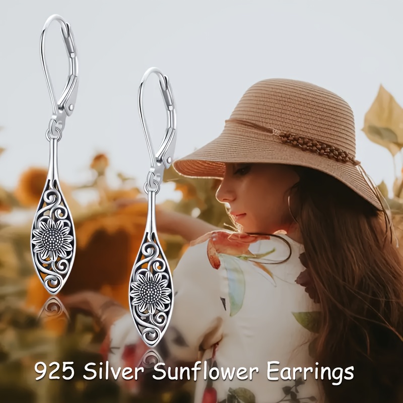 Image of A Pair Of Women's Fashion Vertical Earrings, Easy Pastoral Style Sunflower Design, 3.5 Grams S925 Silver, Hypoallergenic, Suitable For Women' Wear And Gifts