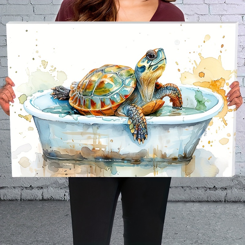 

1pc Wooden Framed Canvas Painting Charming Turtle In The Bathtub Wall Art Prints For Home Decoration, Living Room & Bedroom, Festival Party Decor, Gifts, Ready To Hang