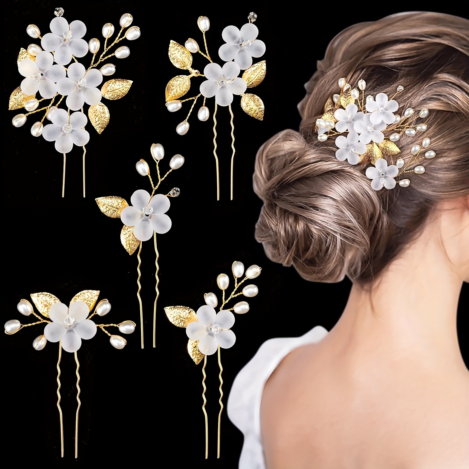 4 5pcs wedding flower hair clip set women golden bridal hair  display picture 3