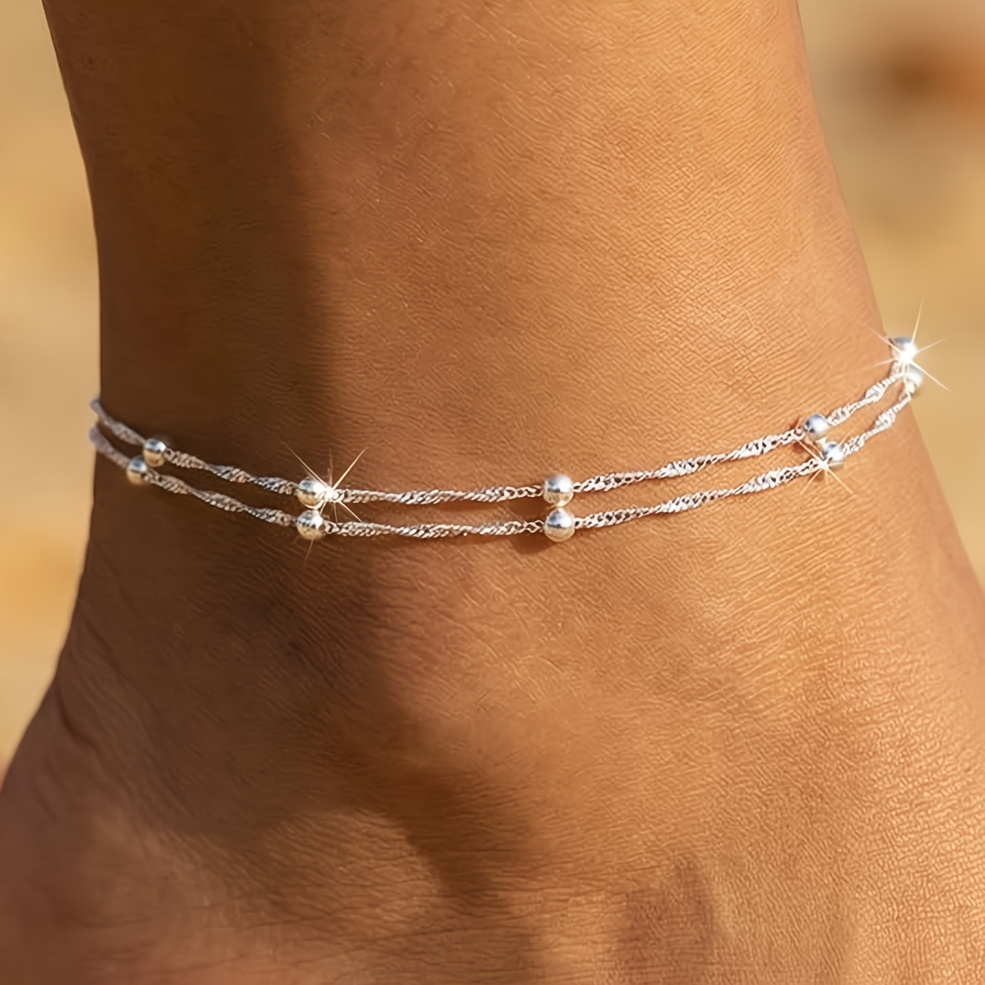 Fashionable Beach Round Bead Round Piece Pendant Anklet, Easy And Versatile Copper Bead Chain Double-layer Foot Jewelry