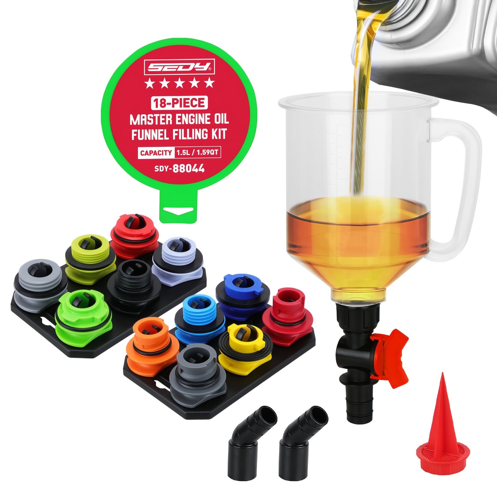 Image of Sedy Spill- Oil Funnel Kit Oil Change Funnel W/ 12 Adapters & 2 Magnetic Adapter Organizer Boards Transparent Body W/scale & Shut-off Valve Universal Fit