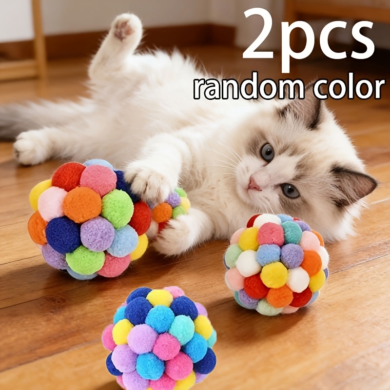 TEMU Colorful Pom-pom Pet Cat Toys, 2pcs Pack, Random Colors . Made Of Soft Plush Balls, Gentle To Cat's Paws. Elastic And Lightweight, Good Rolling,