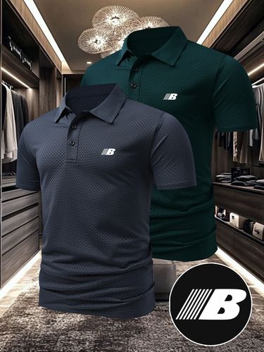 2 camisas polo de golf y ecuestre para hombre - Transpirables, de manga corta para verano con patrón geométrico, cierre con botones, corte regular para golf, equitación, talla grande, camisa de golf, ropa de equitación