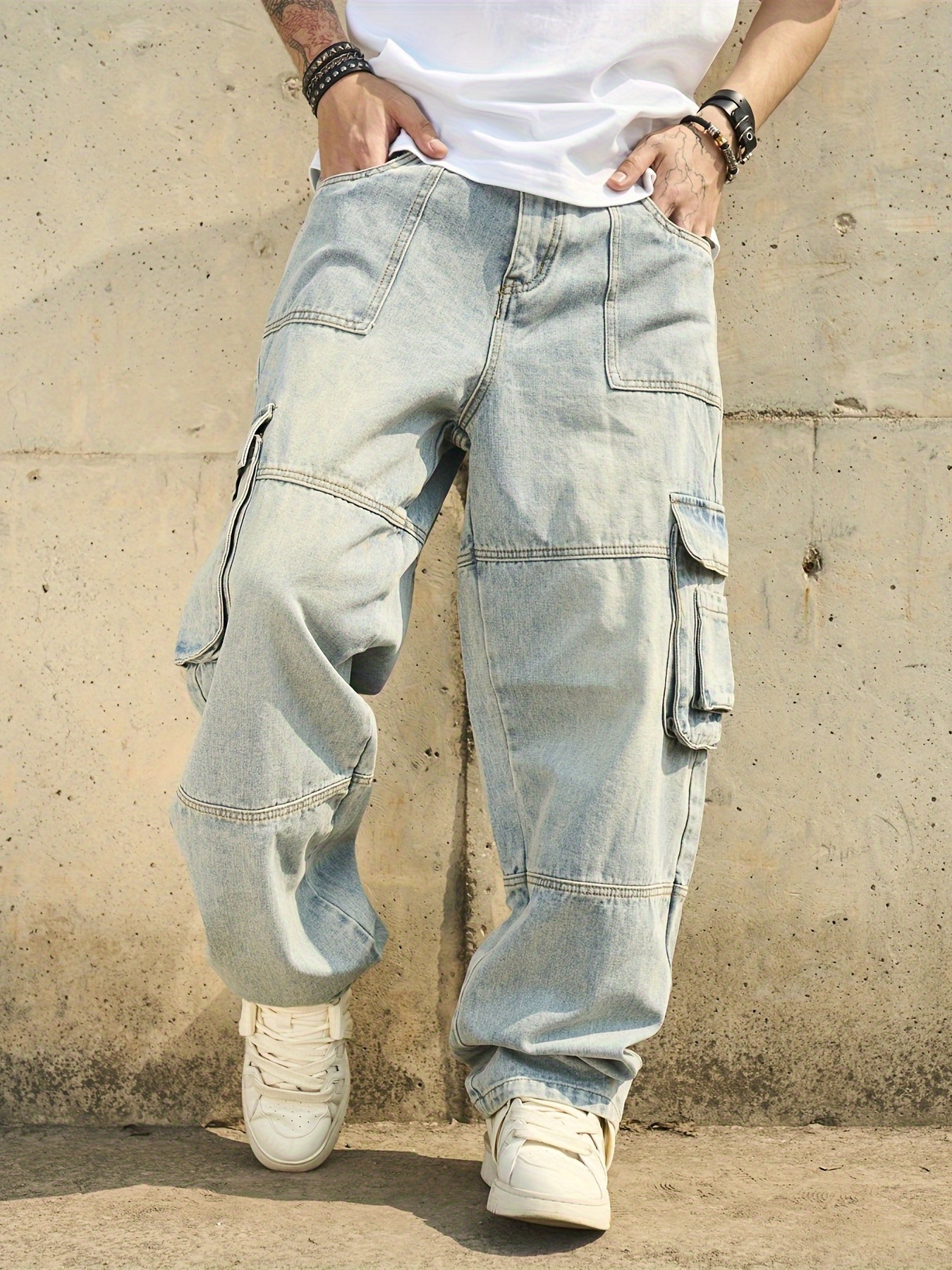 Men'S Youth Multi Pocket American Retro Washed Distressed Workwear Loose Wide Leg Floor Length Jeans Pants Trendy