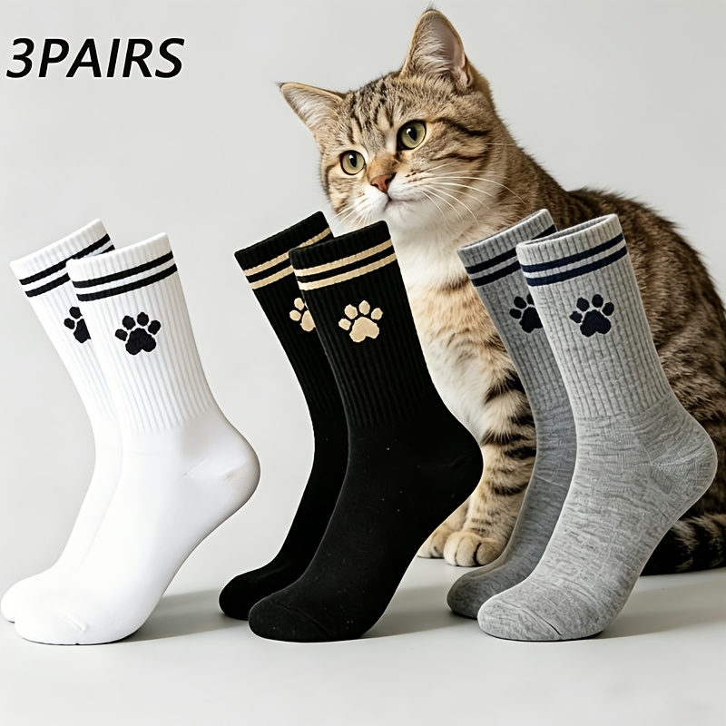E-shop 3er-Pack Damen Wadenhohe Socken – Zwei-Streifen-Kratzmuster mit Katzenmotiv, mehrere Farben erhältlich – Modische Freizeitkleidung im