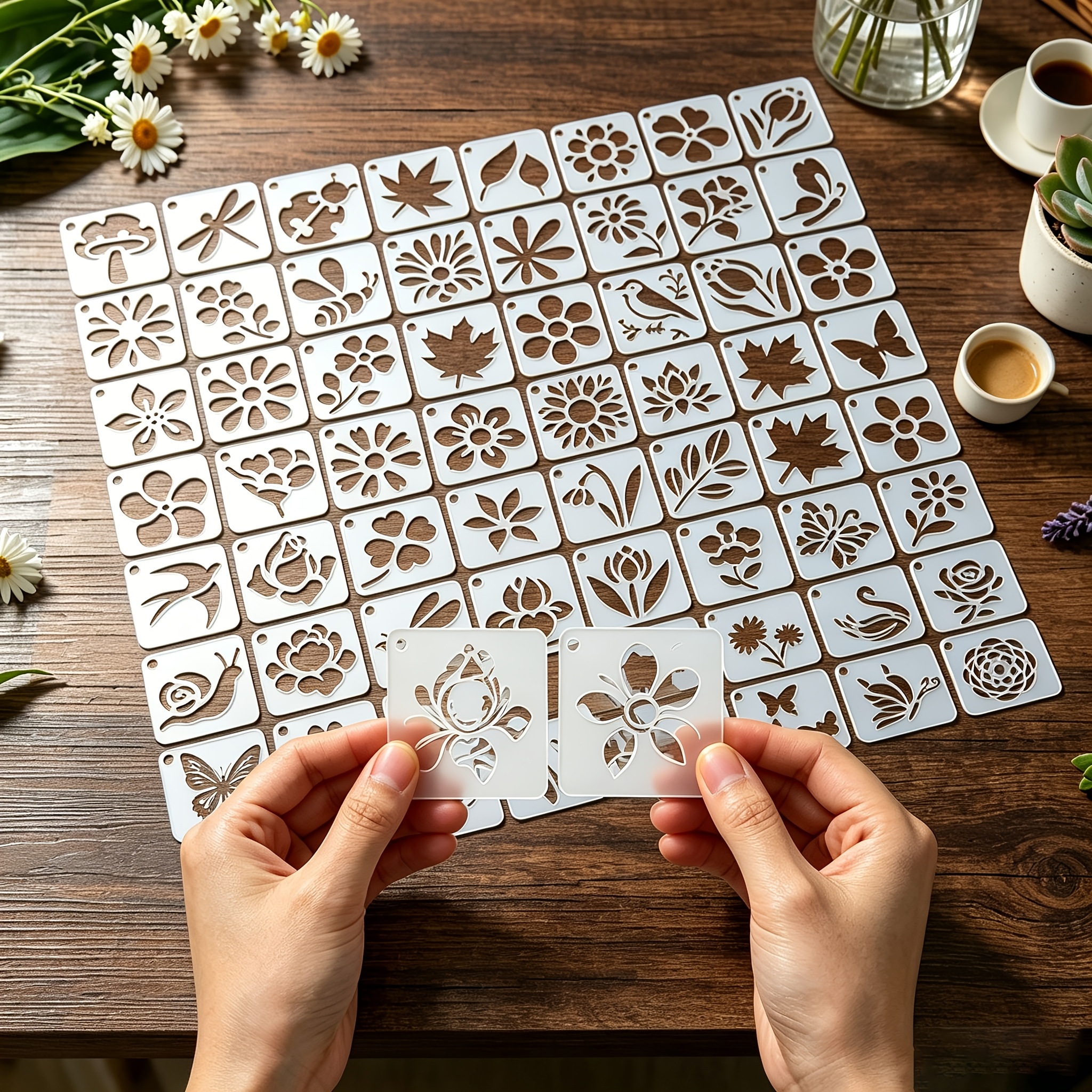 TEMU 64pcs Reusable Small Painting Stencils Suitable For Wood, Wall, Canvas, Fabric - 64 Shapes Floral, Bird, Insect Templates With Precise Cutouts