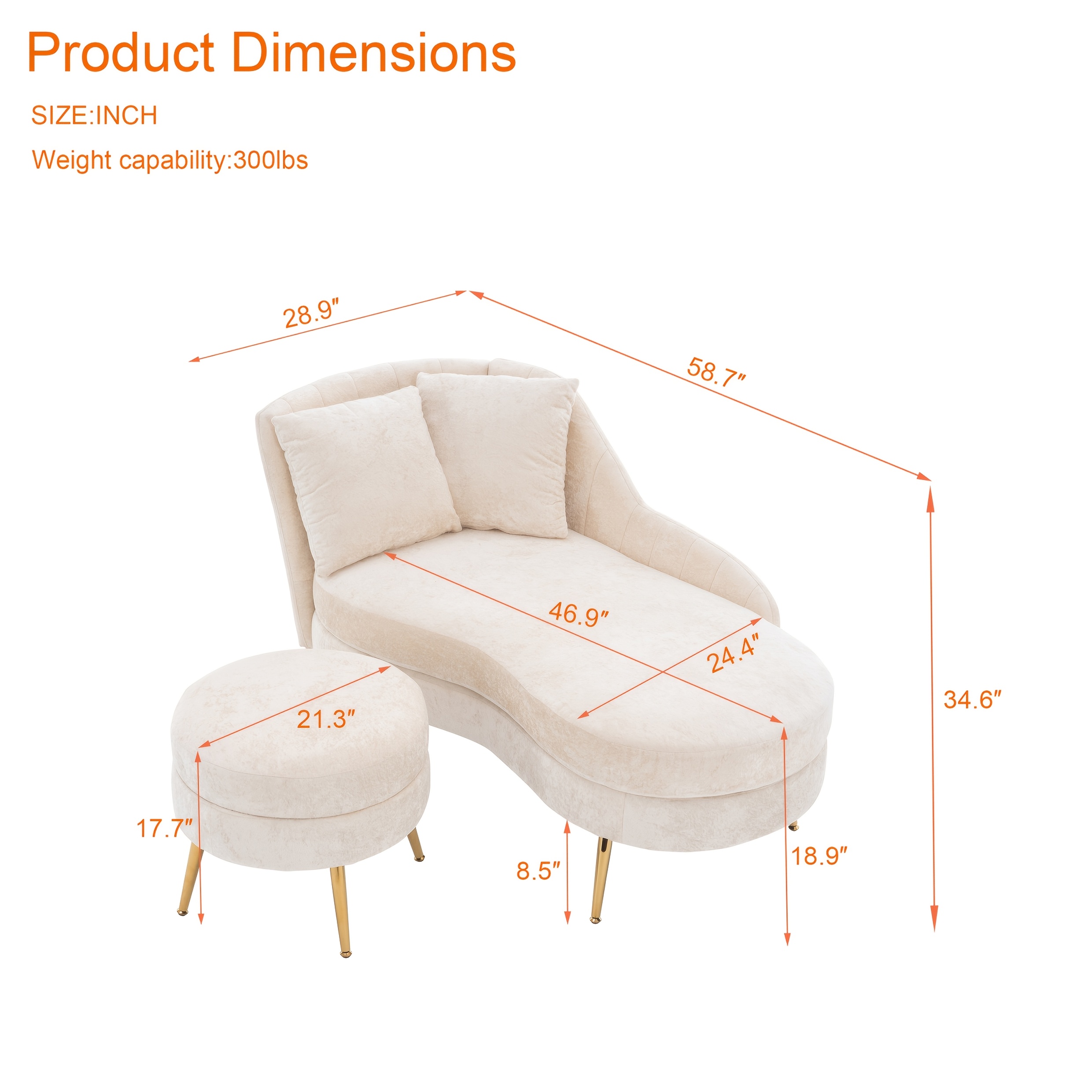 58'' Indoor Chenille Chair with Left Armrest And Lumbar Pillow Upholstered Furniture Lounge Chair, Lounge Sofa for Living Room Bedroom Office with Footstool.