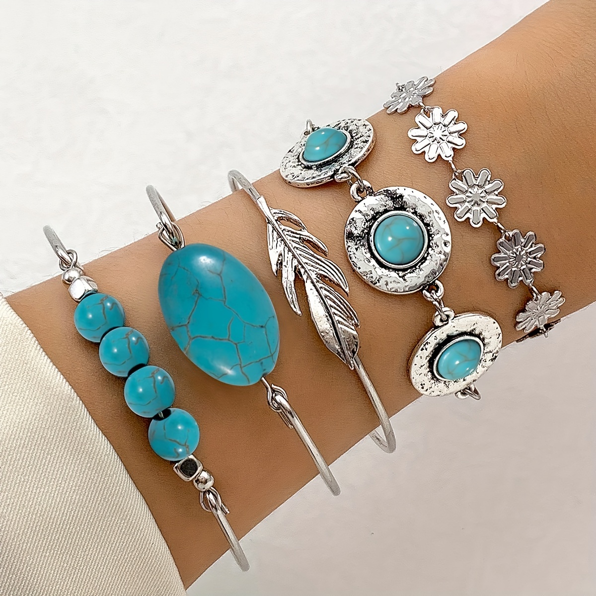

5pcs/set Retro Turquoise Inlaid Jewelry Bracelet, Personality Ethnic Style Flower Feather Cuff Bracelet Bangle