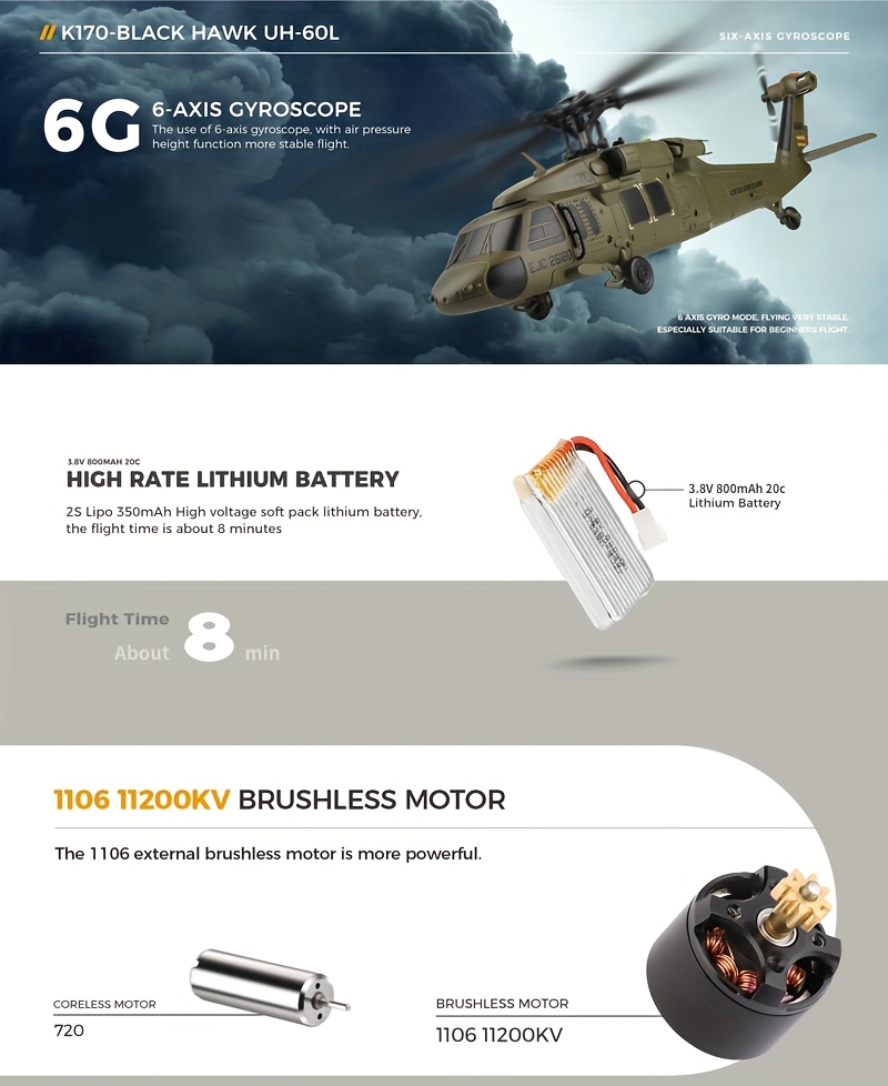 WLtoys K170 Blackk Hawk UH-15.85gal 170 RC Helicopters 2.4G 4CH Flybarless 1106 External Brushless Motor RC Helicopter Toys for Adults Boys
