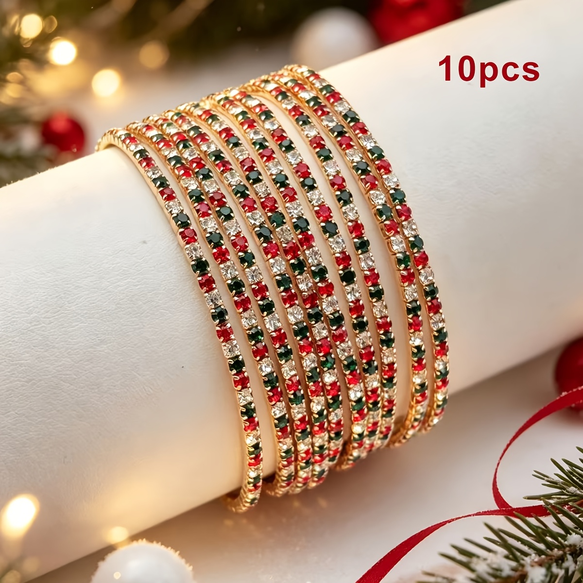 TEMU 10pcs Christmas Alternating White, Red, And Green Rhinestone Women's Tennis Bracelets