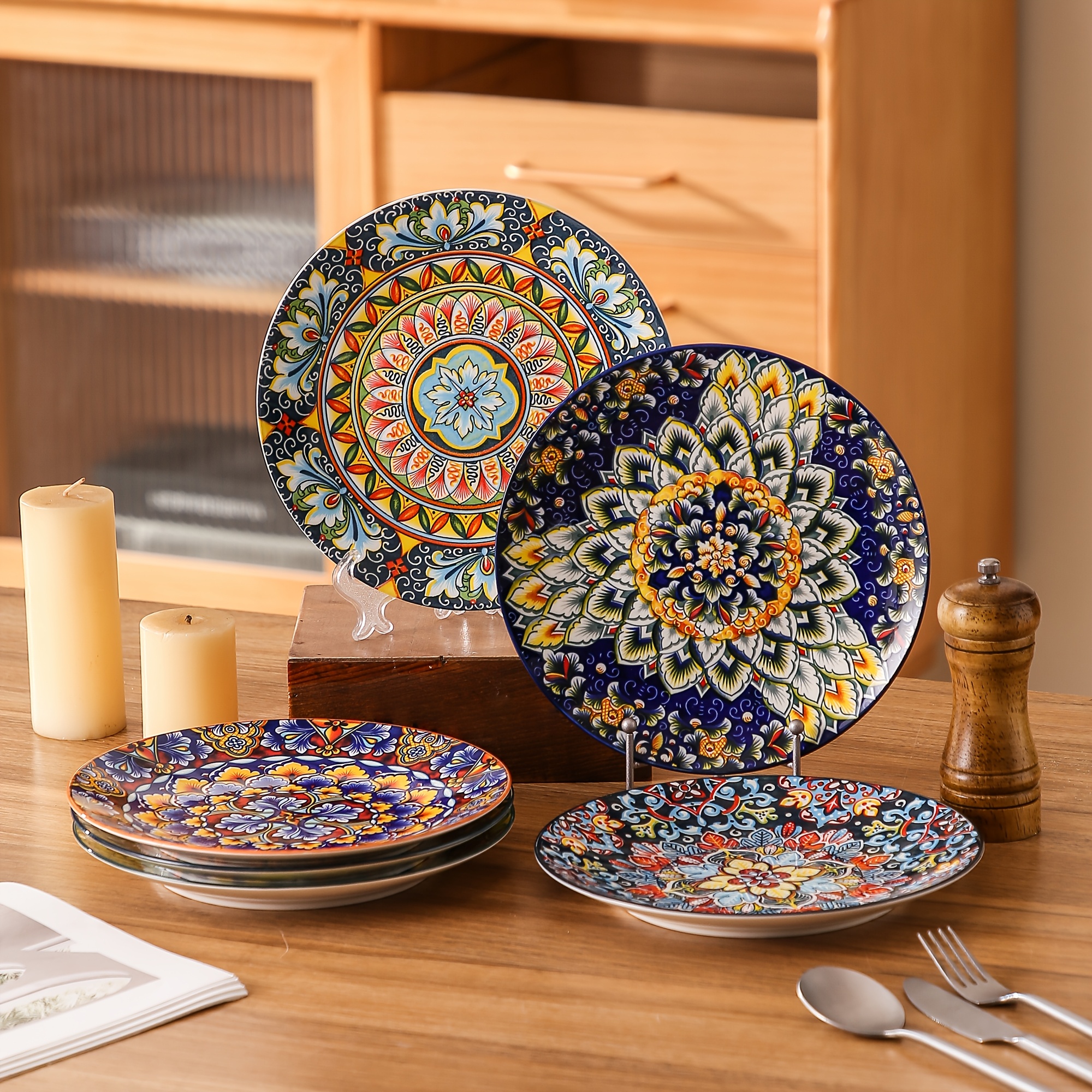 TEMU 6pcs Salad Plates, 8.5 Inch Ceramic Dessert Plate, Small Dinner Plate Set, Microwave, Oven And Dishwasher Safe, Colorful Bohemian Style Dishes