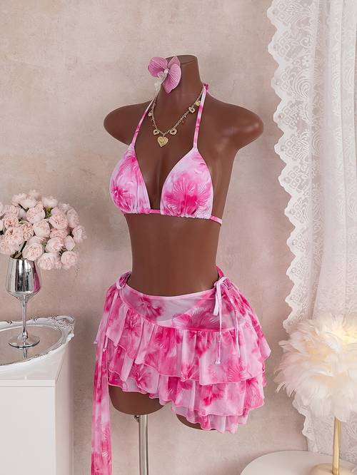 beach vacation lace up swimsuit 3pcs set with chiffon skirt