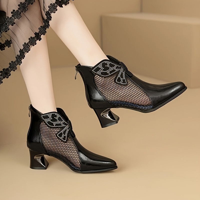 women low heel ankle boots bow pointed toe side zipper fall dress booties  shoes - women's shoes - Temu