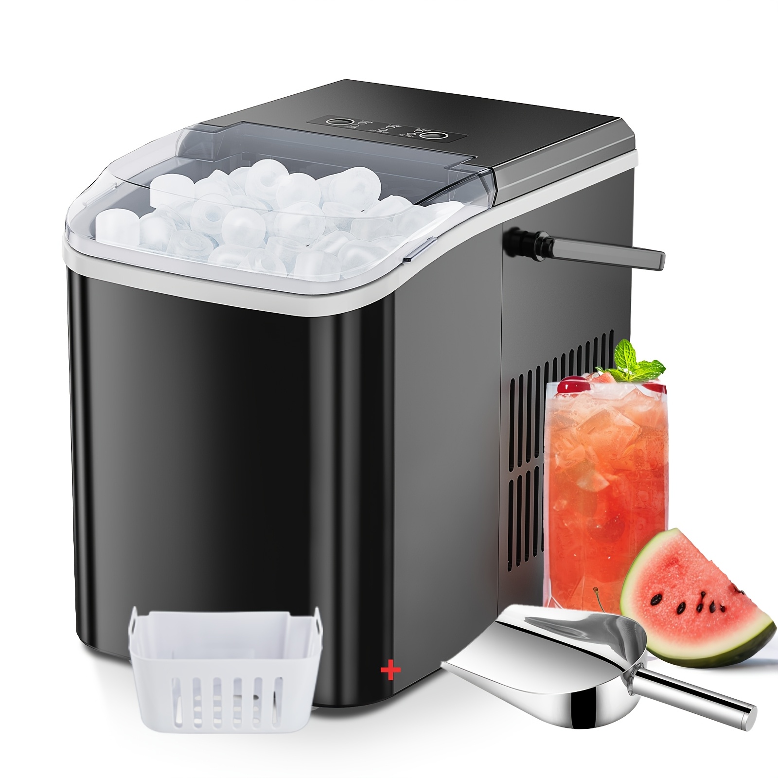 Countertop Nugget Ice Maker Portable Machine with Handle, Basket, Scoop, 9 Bullet Cubes in 6 Mins, 26.6 lbs/24 hrs, Multiple Colors