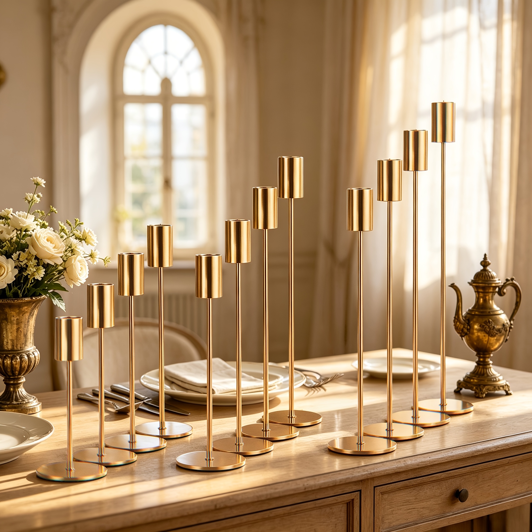 Set of 12 Rose Golden Wrought Iron Candle Holders