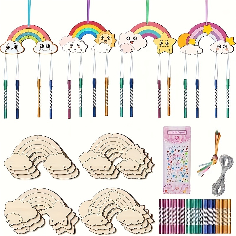 

12pcs Rainbow Wooden Wind Chime Craft Kit - Diy Painting Set For Parties & Gatherings, No Power Needed, Wind Chimes For Outside