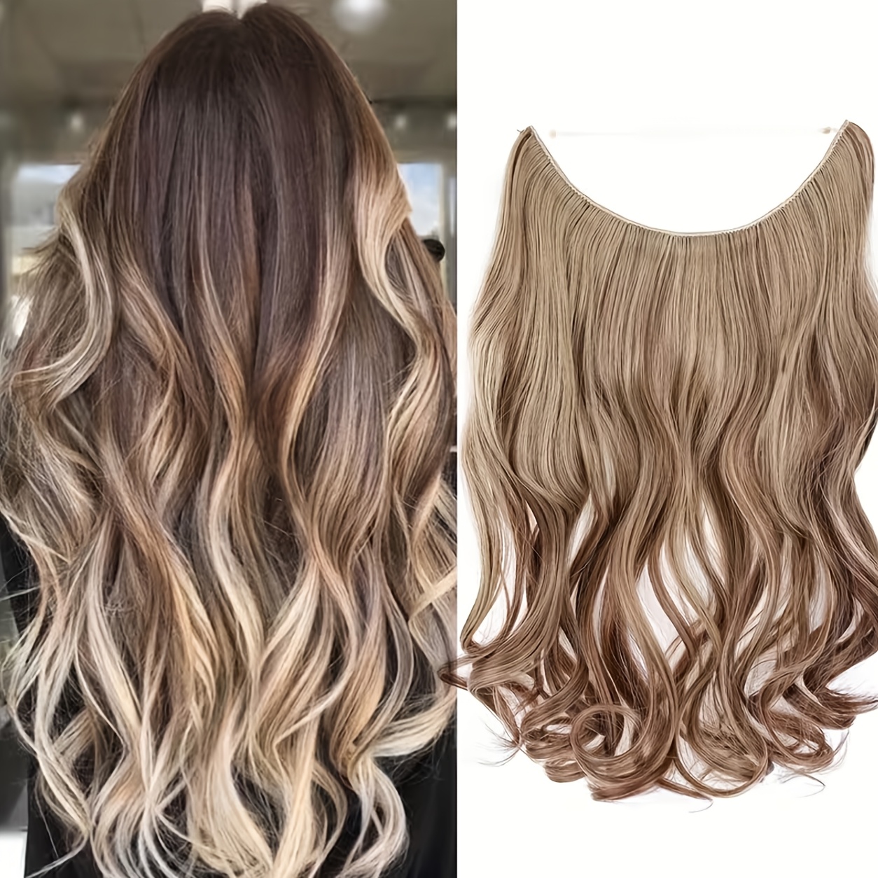 20 Inch 1pc Fish Line Hair Extensions, Natural Curly Synthetic No Clip In Hairpieces, Golden Pink Invisible Women Hair Extensions For Halloween Party Cosplay Daily Wear