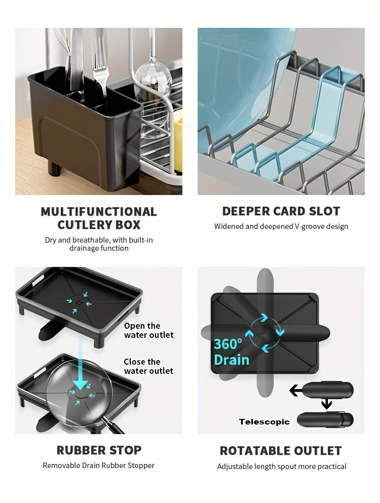 2 tier metal plastic dish drying rack with drain tray and swivel spout countertop kitchen storage organizer for dishes cutlery pots dish brush sponge holder multipurpose sink caddy for kitchen and bathroom accessories details 2