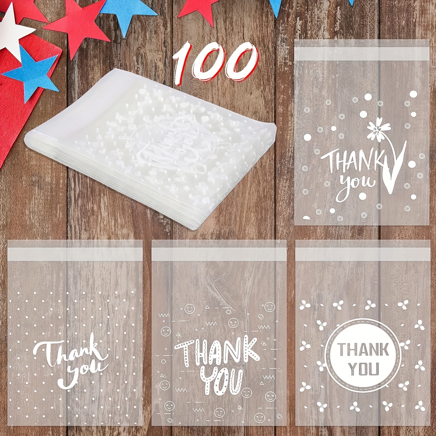 

100-piece Self-adhesive Thank You Treat Bags - 3.9x5.1" Plastic Candy & Dessert Pieceaging For Birthday, Summer Parties & Favors