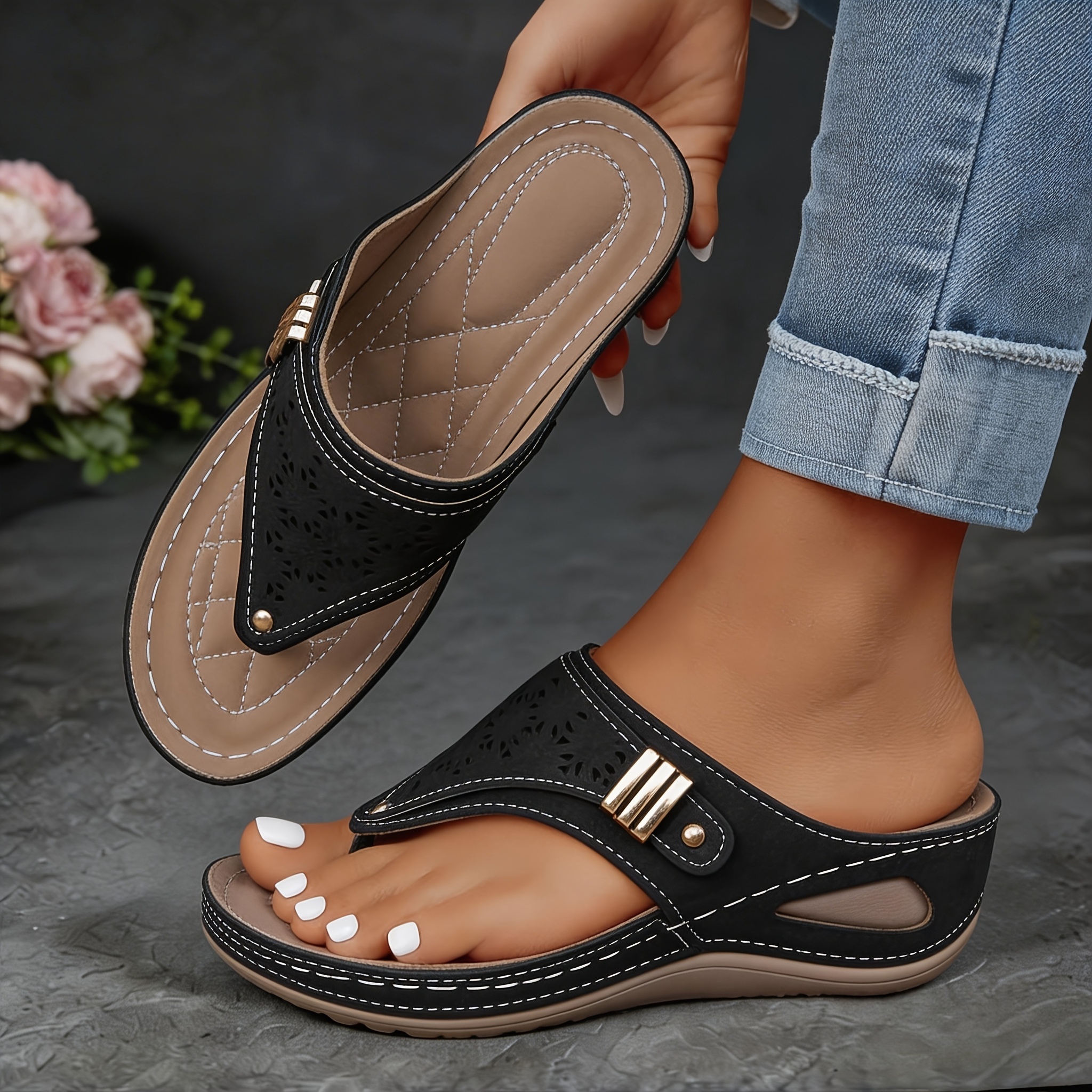 womens orthopedic wedge sandals casual and comfortable flip flops non slip thick soled slippers breathable hollow out summer  