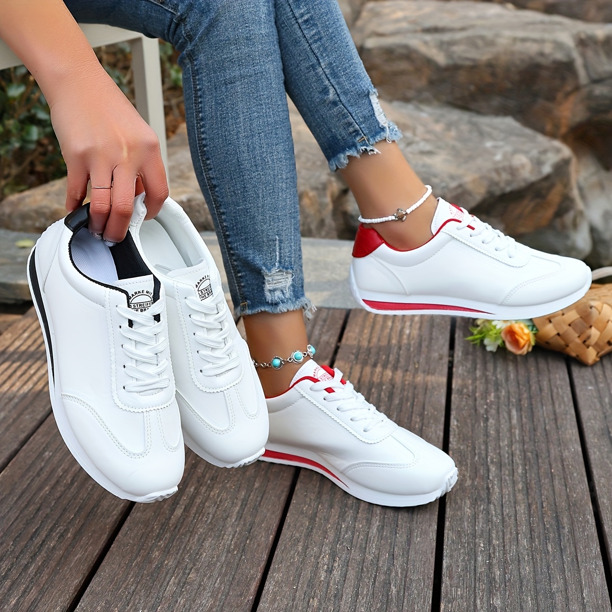 

Women's Lightweight Casual Sneakers - White Synthetic Leather, , Stability Support, Breathable Fabric Lining, Tpr Sole, Casual Attire, Cute Shoes