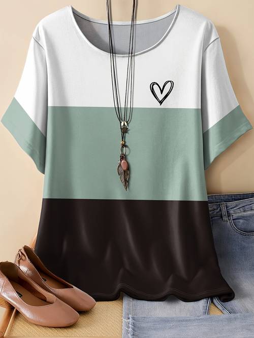 plus size womens size bohemian short sleeve t shirt full body heart print round neck blouse casual dressy short machine washable fit for casual attire layering non