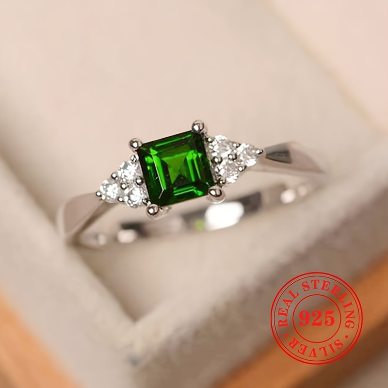 

Elegant 0.08oz 925 Sterling Silver Ring, Synthetic Emerald Diamond With 4- Setting, Women's Engagement Proposal Ring, Gift Jewelry