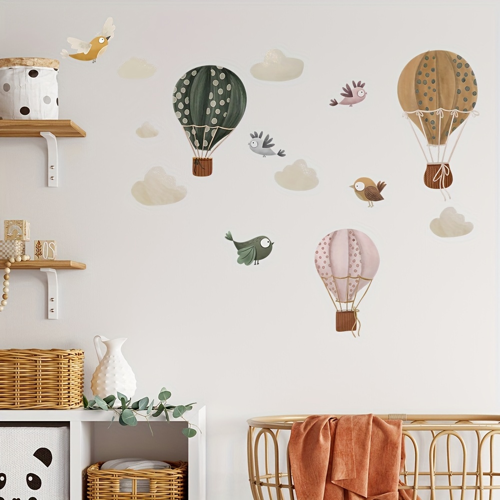Whimsical Hot Air Balloon & Bird Wall Decals – Removable Pvc Stickers With Rope Border For Bedroom, Living Room, Or Entryway Decor, Contemporary , Semi-, Multi-surface Adhesive, Hot Air Balloon Decor