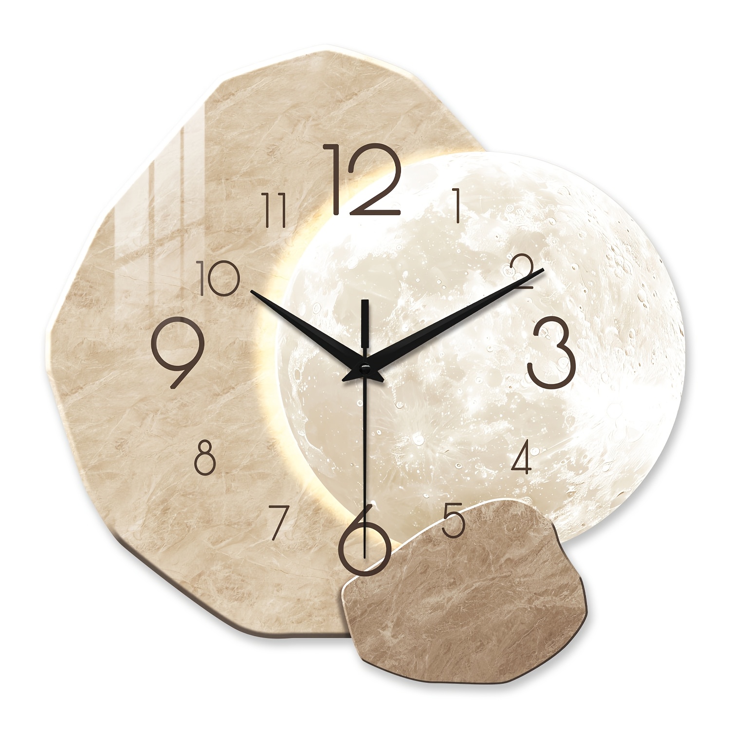TEMU Modern Minimalist Wall Clock - 2d Flat Moon & Marble Design, 12"-16" Quartz Movement, Battery Operated, Perfect For Bedroom, Living Room, Dining