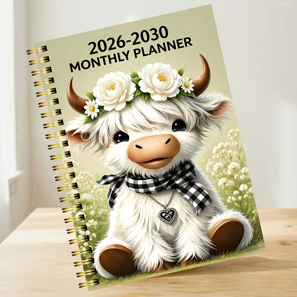TEMU 2026- - A 5-year Calendar From 2026 To December 2030, With A Cartoon Highland Cow Theme Cover Design, Annual Calendar Plan, Monthly Labels,
