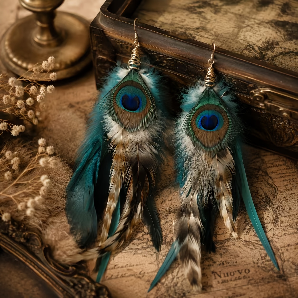 TEMU Bohemian Ethnic Style Earrings, Feather Alloy Ear Hooks, Long Styles, Additions, Personalized Multi-colored Optional Additions