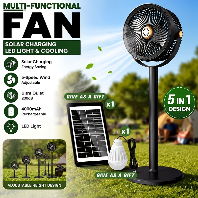 TEMU 2026 New Model Solar Fan, Portable Multifunctional Fan, With Solar Panel And Led Light Bulb, , Five-speed Wind Adjustment, 360-degree Rotation °