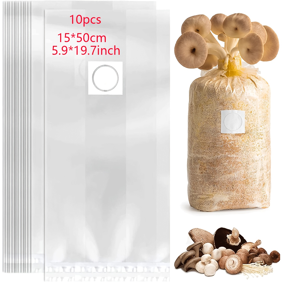 E-shop 10er-Pack Pilzanbau-Beutel mit mikroporösen Filterpatches, Drei Stile Pilzanbau-Sporenbeutel im Großhandel, Pilzanbau-Behälter,
