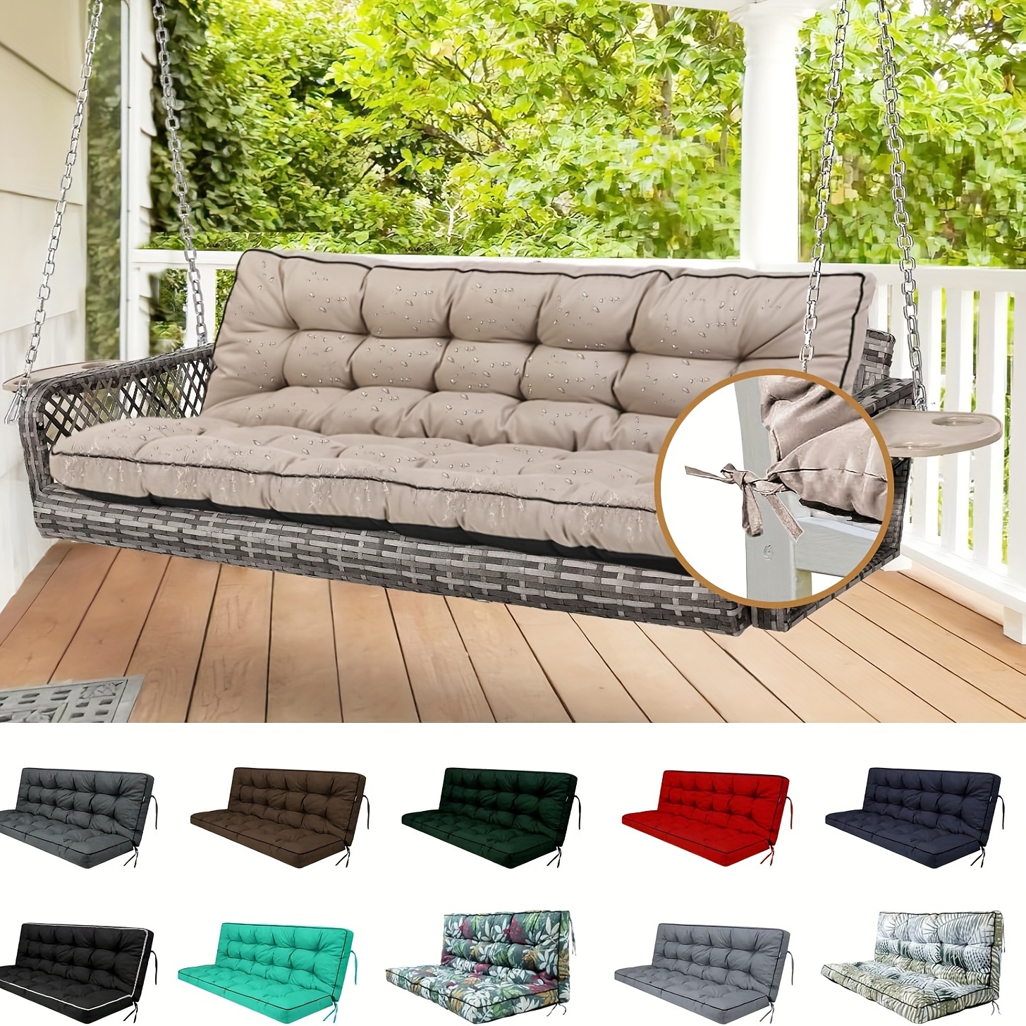 TEMU Outdoor Swing Cushions, Waterproof Porch Swing Cushions 3 Seater Replacement With Backrest, 5" Thicken Bench Cushion With Ties For Backyard,