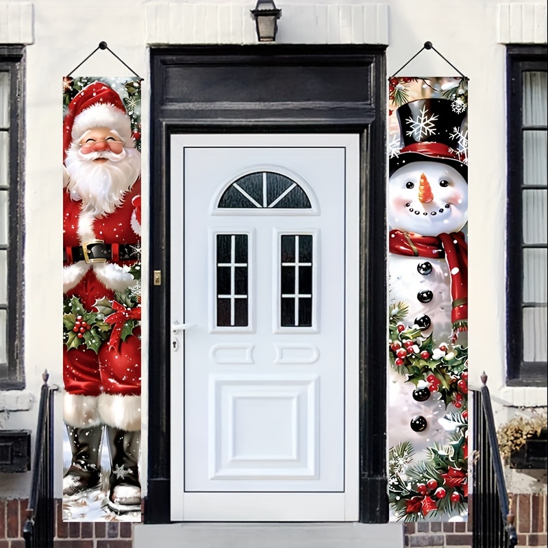 

1 Pair Santa Claus & Snowman Merry Christmas Porch Banner Set – Polyester Hanging Holiday Decor For Indoor/outdoor, Festive Home Door Wall Party Background Without Electricity Or Batteries