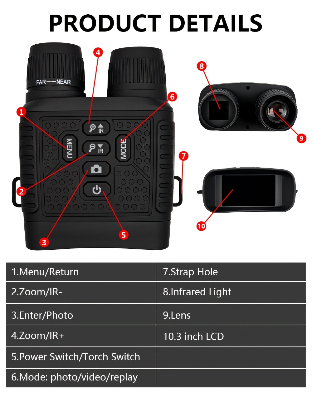 hd night vision device infrared night vision device night observation telescope with 2000mah battery photos videos 3 inch lcd large screen wide field of view suitable for outdoor observation sports exploration party recording perfect gift Product details 1