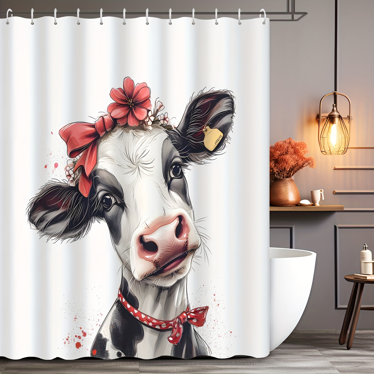 

Cow & Floral Print Shower Curtain - Waterproof, Machine Washable With Hooks Included, Bathroom Decor, 72x72 Inches