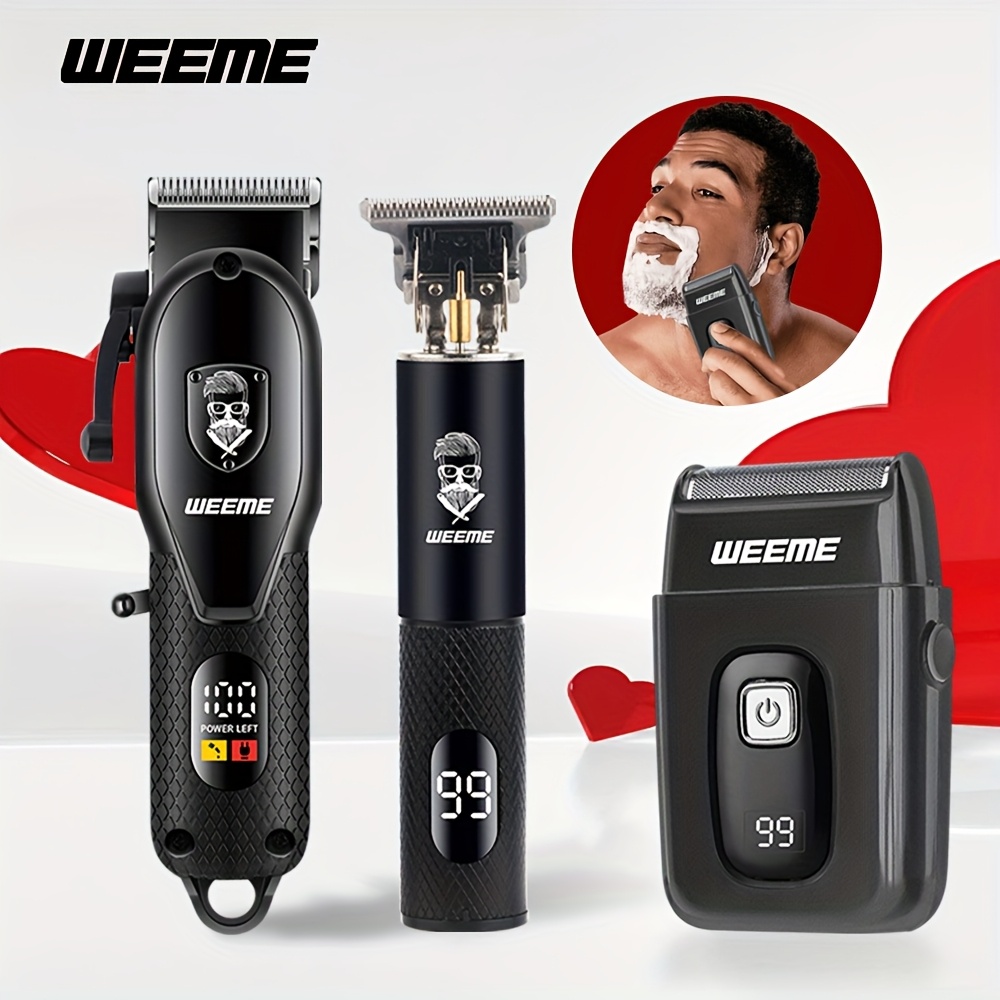 

Weeme Kit, 3-piece Set: Hair Clipper, Electric Shaver, Detail Trimmer, Usb Rechargeable, Lcd Battery Display, Professional Barber Tools