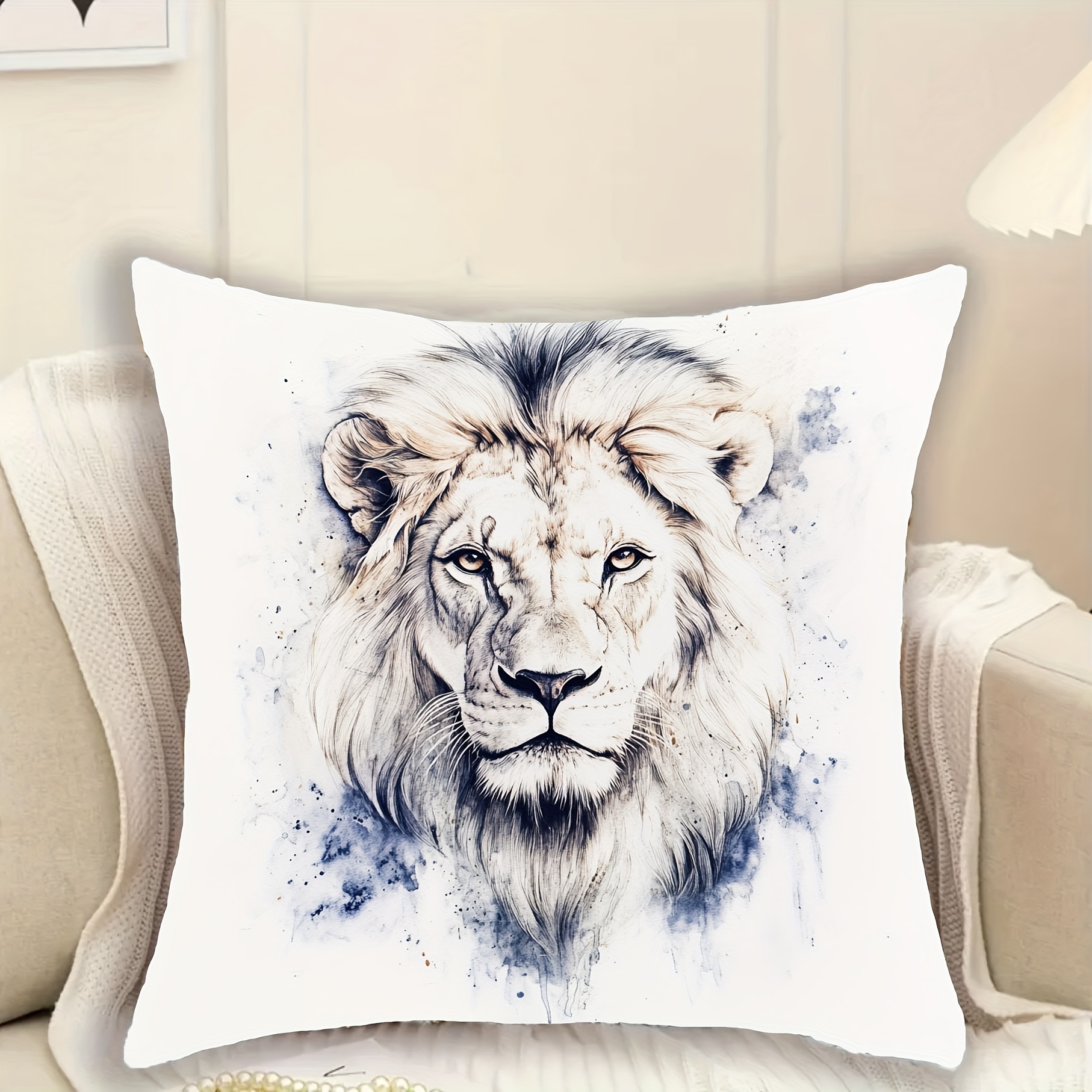 

1pc, Coussin décoratif en peluche courte, 18 pouces pouces, Lion sur fond blanc, Convient pour canapé, salon, chambre à coucher, bureau Décoration de , noyau d'oreiller_Back02364