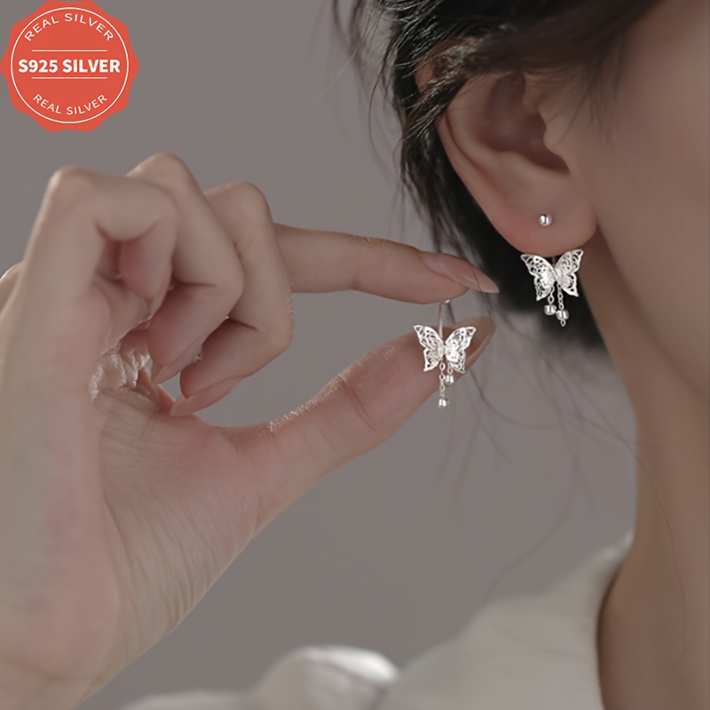 

Boucles d'oreilles en argent sterling 925 2,6 g, avec motif de papillon creux et de frange, anti-oxydation, pour les quotidiennes, , Halloween, toutes les , cadeau pour femme