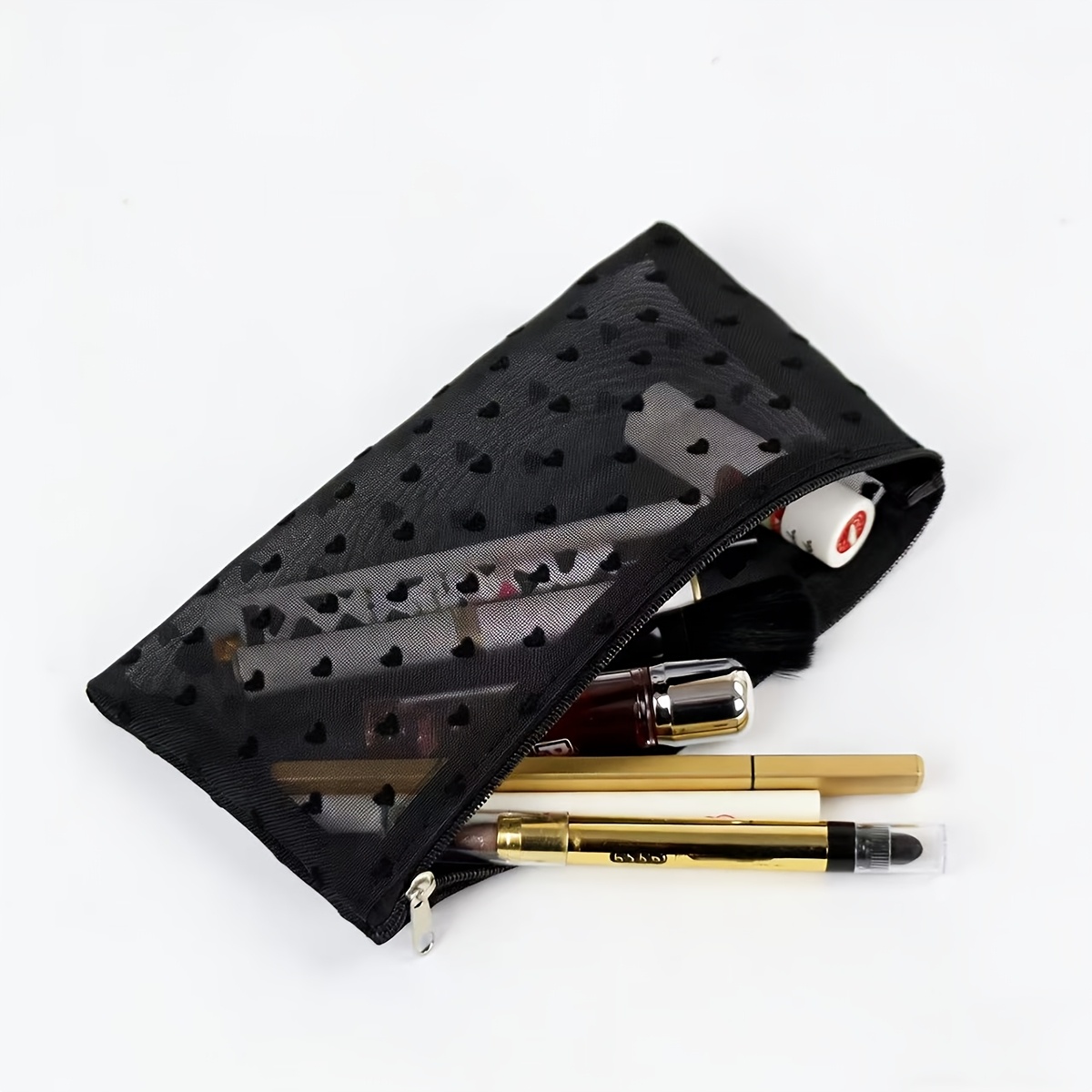 E-shop Modische einfache Schminktasche mit schwarzem Mesh beflocktem Herz, durchsichtige Clutch-Organizer-Beutel, praktische Kulturbeutel mit