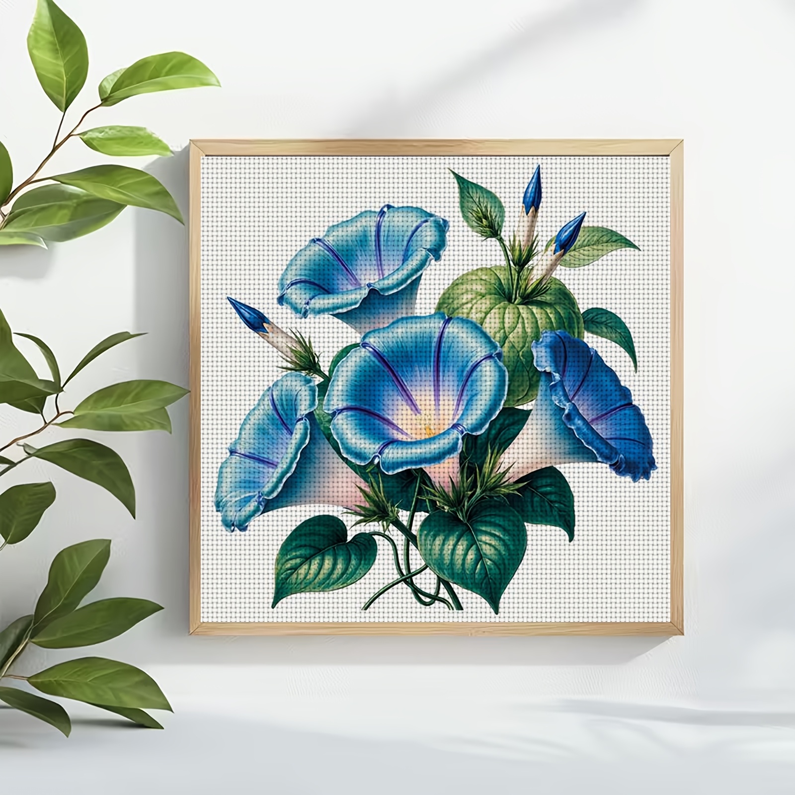 DIY Cross-Stitch Printed Kit, Blue Flowers and Green Leaves Floral Pattern
