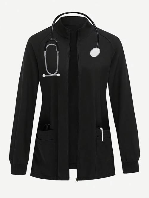 damen schwarz zip-up jacke mit stethoskop detail - weich, atmungsaktiv polyester mischung, maschinenwaschbar, funktionale patch , stehkragen, raglan ärmel - für arbeit & casual wear, damen jacke | professioneller stil | stethoskop detailing