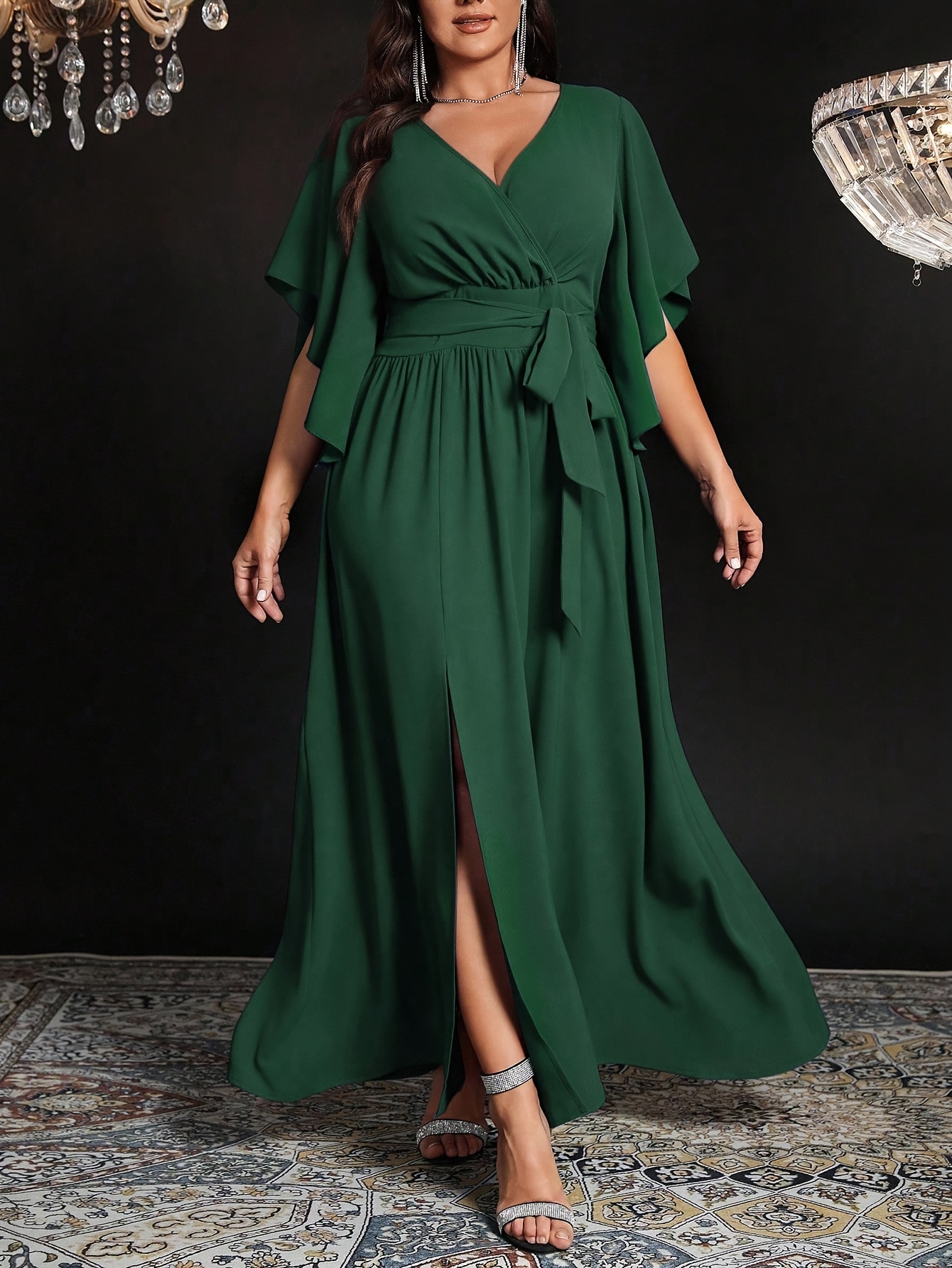 temu semi formal dresses Plus Size, Plus Size Women'* Color *-Fit V-Neck Flared Sleeve Tie-Waist Pleated Slit Elegant Party Maxi Dress temu evening dresses