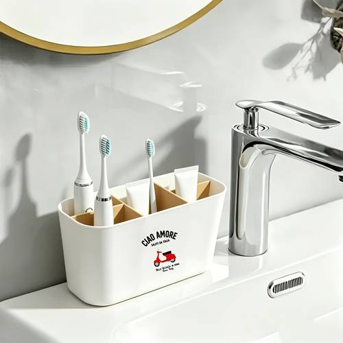 item picture multi purpose 5 slot printed vintage red scooter plastic countertop organizer with dividers lightweight stand storage caddy bathroom desktop storage holder for toothbrushes toothpaste razors cosmetics combs scissors and remote controls