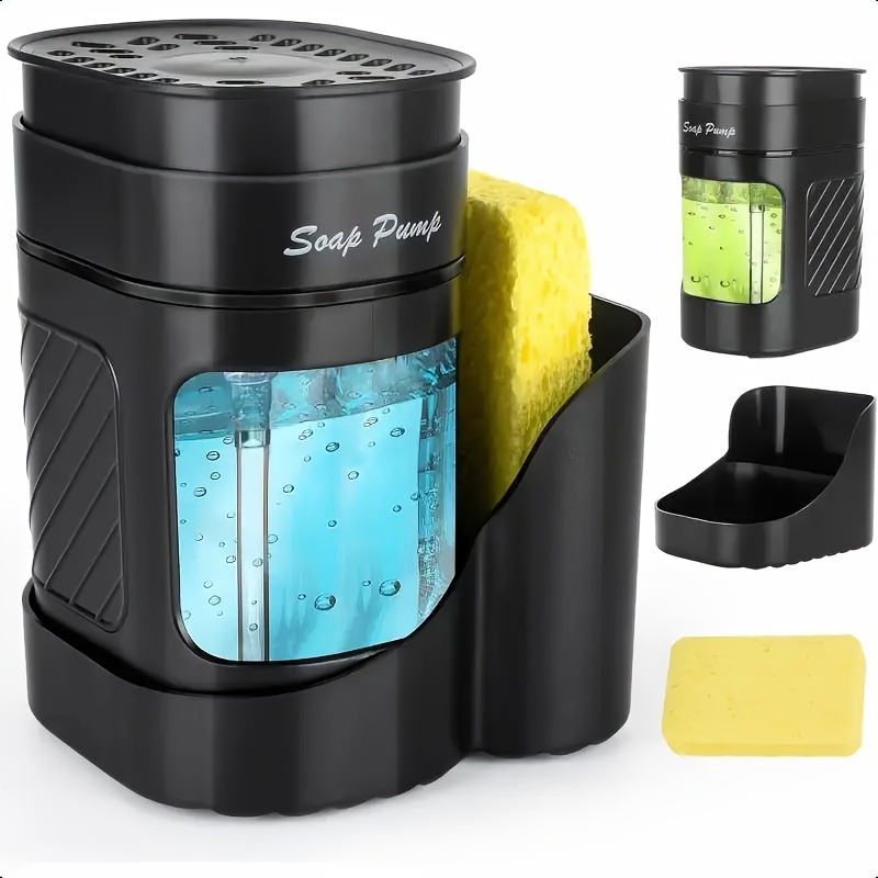 Image of 2-in-1 Soap Dispenser With Sponge Holder, Black Plastic Kitchen Sink Storage Box, Design, Suitable For Home Or Commercial Use, Dimensions 3.07 X 4.53 X 3.07 Inches