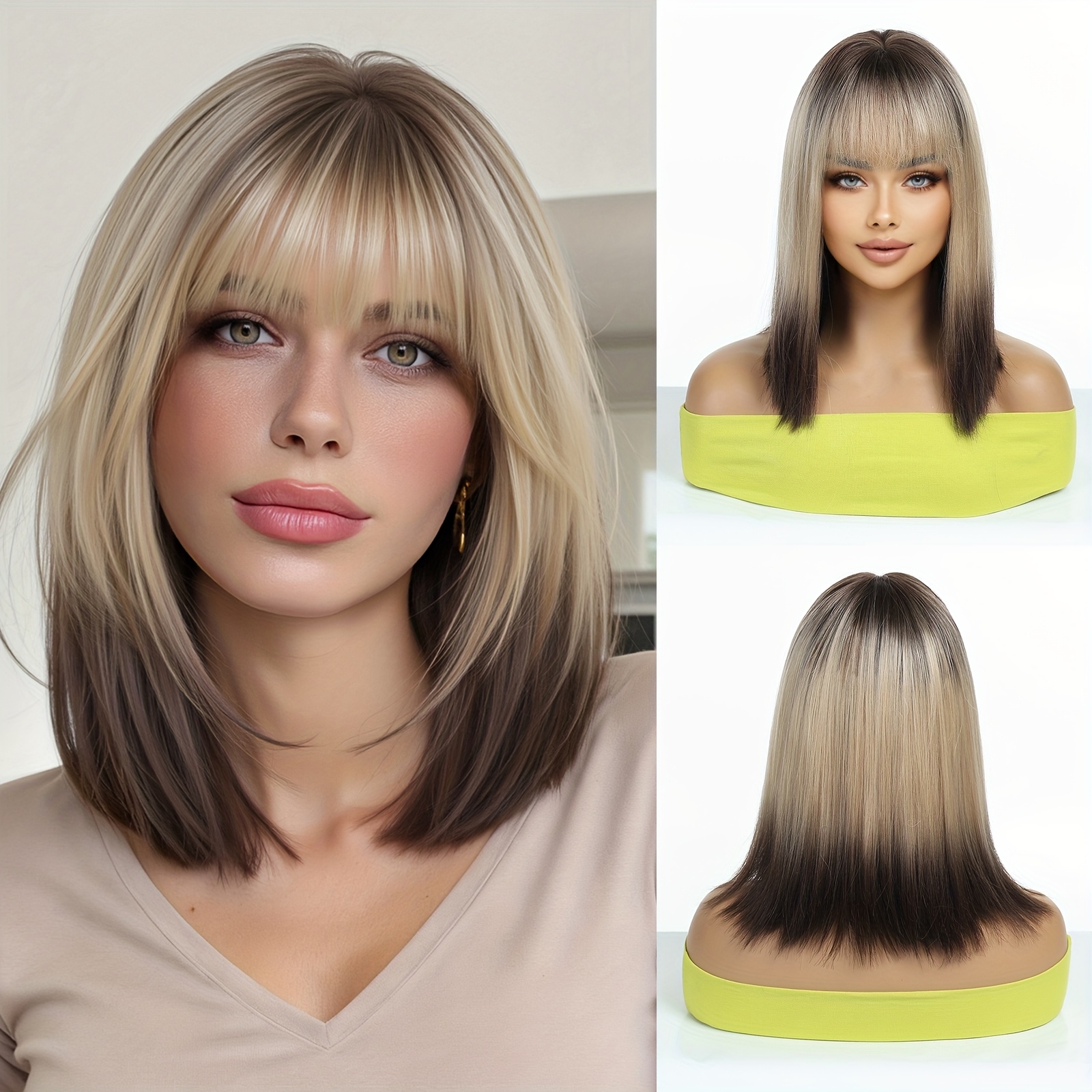 TEMU Women's Gradient Brown Straight Synthetic Hair Wig With Bangs - Breathable Rose Mesh, Matte High-temperature Fiber Headband For Looking Daily Wear, Balayage Blonde/brown Gradient (no Part Line)