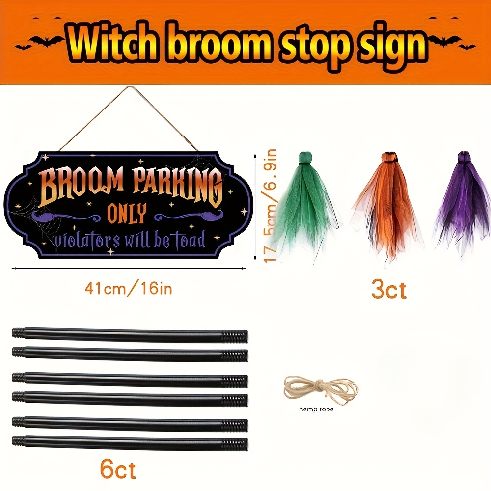 TEMU 2d Flat, Halloween Decoration- 3 Wooden Broom Parking Signs Hanging Decorations- Cute Atmosphere Decoration, Suitable For Front Porch Wall, Home