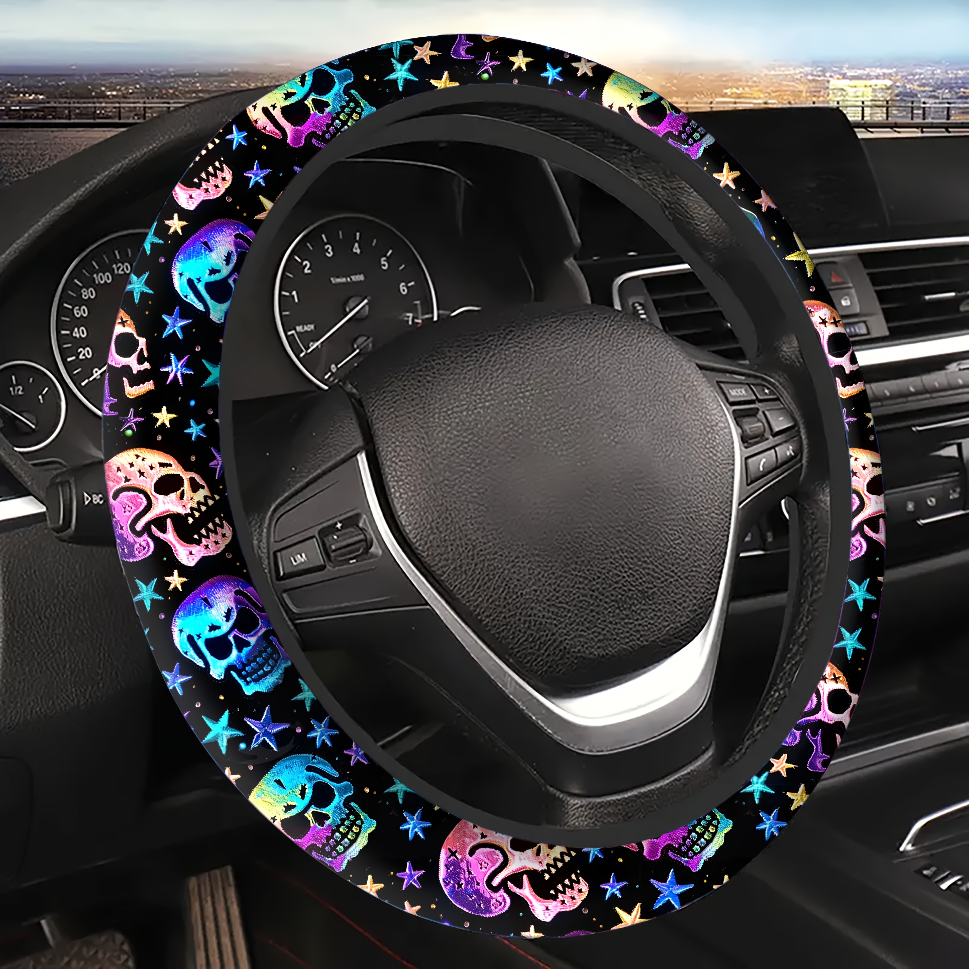 Image of 1pc And Star Colorful Print Steering Wheel Cover, Anti-slip Elastic Car Accessory, Universal Steering Wheel Protector For 15-inch Cars, Suvs, Trucks