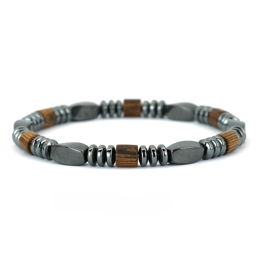 TEMU 1pc Vintage Wooden Bead And Black Onyx Beaded Bracelet For Men